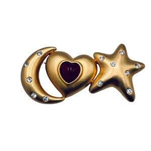 Piscitelli Vintage Gold Tone Moon Heart Star Rhinestone Celestial Brooch Pin
